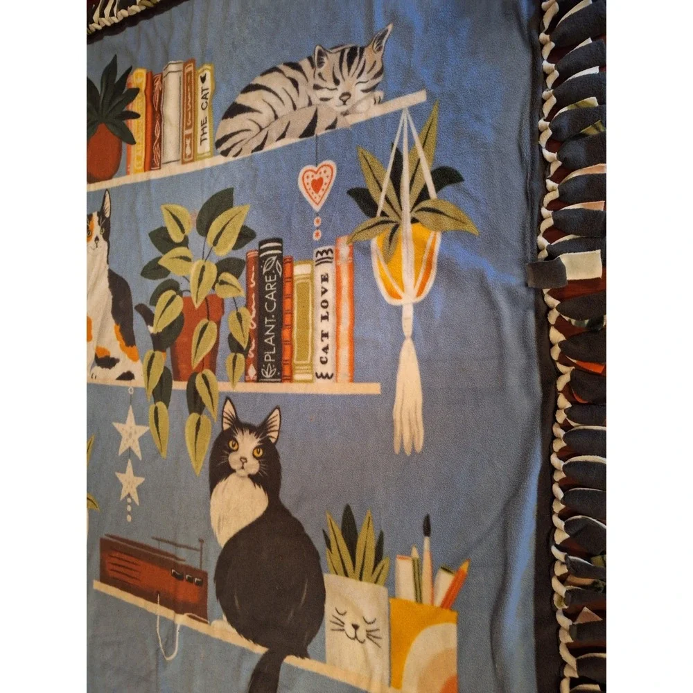 Handmade Fleece Tie Blanket Cats Books Plants Library Print Blue Throw 58